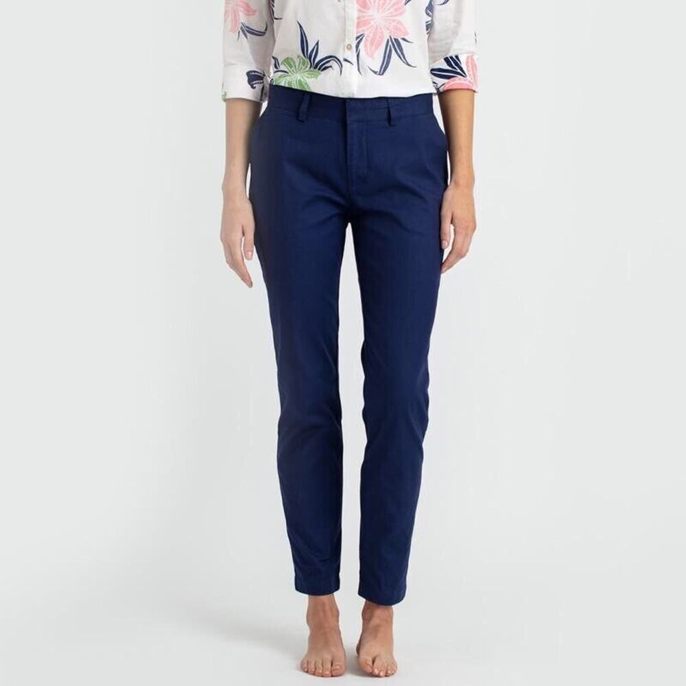 Reyn Spooner Women 12 Dobby Chino Trousers Pants Navy Blue Stretch Twill NEW